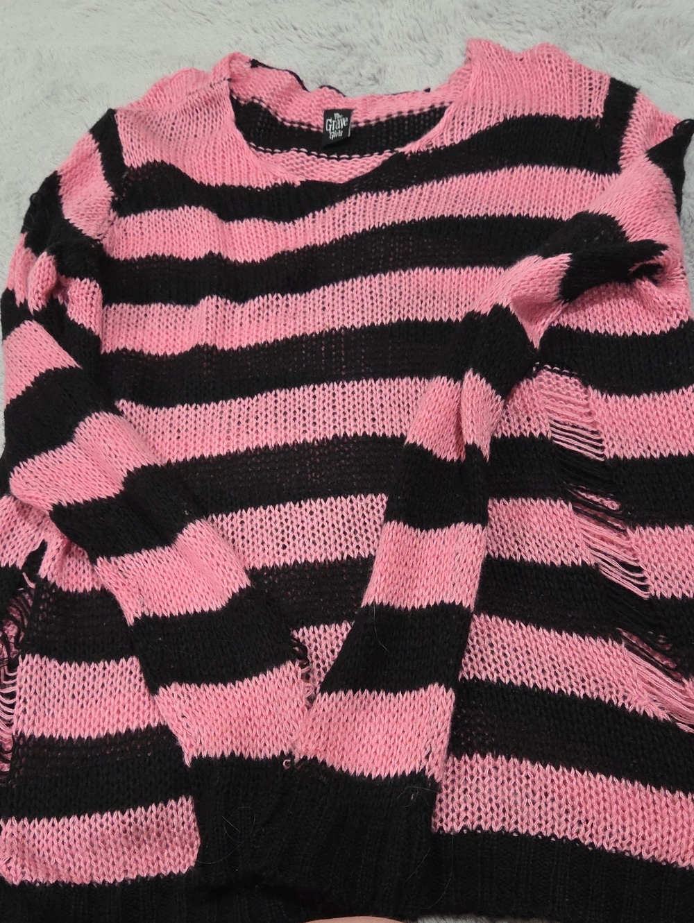 Dolls Kill Grave Girls Striped Pink and Black Distressed Knit Sweater